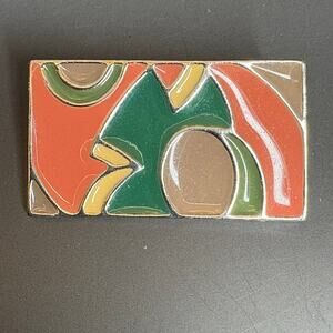 Vintage Ginnie Johansen Enamel Brooch Pink Green Yellow Abstract 1.75"